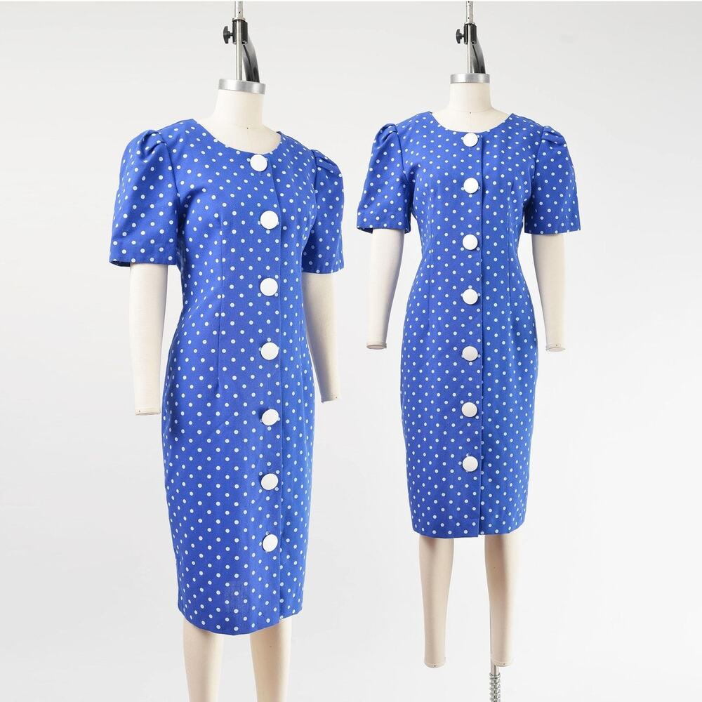 Vintage 80s Blue Polka Dot Puff Sleeve Retro Button Front Midi Sheath Dress M